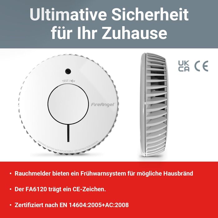 Датчик диму FireAngel FA6120-INT-T2 (2 шт.) з батареєю на 10 років, кнопкою тестування/вимикання, заміна ST-622/ST-620, білий