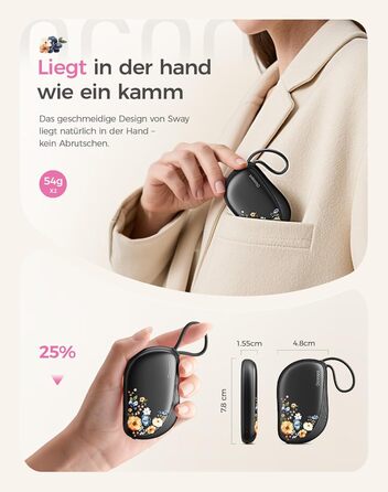 Електричні грілки для рук OCOOPA 2 шт. з дизайном гребінця, багаторазові, 4000mAh, 1.5 см, підходять у рукавички та сумки, подарунок на Новий рік, для жінок, зимові аксесуари, Ocoopa x UT5 Wiesengeflüster (Кількісний випуск)