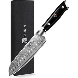 PAUDIN Сантоку ніж з дамаської сталі 17 см, професійний кухонний ніж з VG10 серцем, ергономічна ручка G10