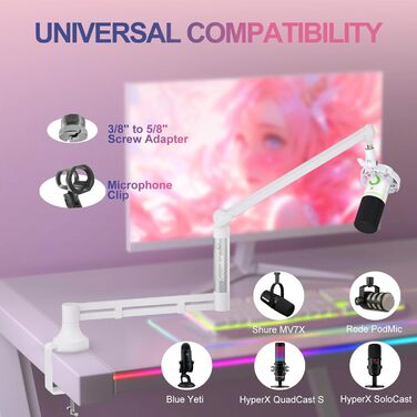 Мікрофонний стійкий кронштейн Low Profile для Blue Yeti, подкастингу та геймінгу, білий - до 2 кг, адаптери 3/8