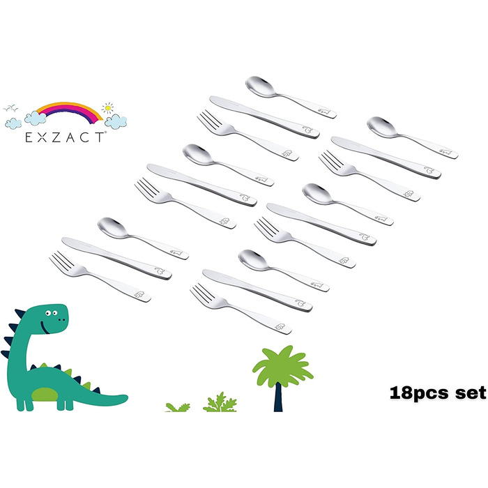 Дитячий набір столових приборів EXZACT Kinderbesteck 18 предметів з нержавіючої сталі - для дітей від 2 років - безпечні ножі, миючі в посудомийній машині, з гравіюванням (динозаври)