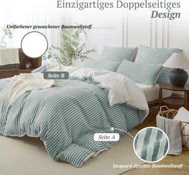 Набір постільної білизни SOULFUL 200x200, бавовна, смугастий дизайн, джакард, екологічна бавовна, бохо стиль, преміум якість, сертифікат Öko-Tex 100, колір деним (темно-зелений & білий), 4-елементний комплект (2x 135*200 см | 2x 80*80 см)