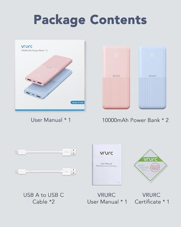 Комплект з 2 шт. , USB C, 2 USB, 2.4A, для смартфонів, iPhone, Samsung, Huawei, 10000mAh