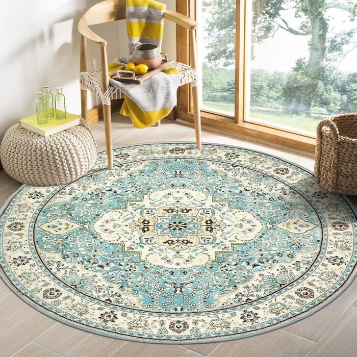 Круглий вінтажний килим Boho Mandala Nyescasa, нековзний короткий ворс, який можна прати, бежевий/бірюзовий, 120 см