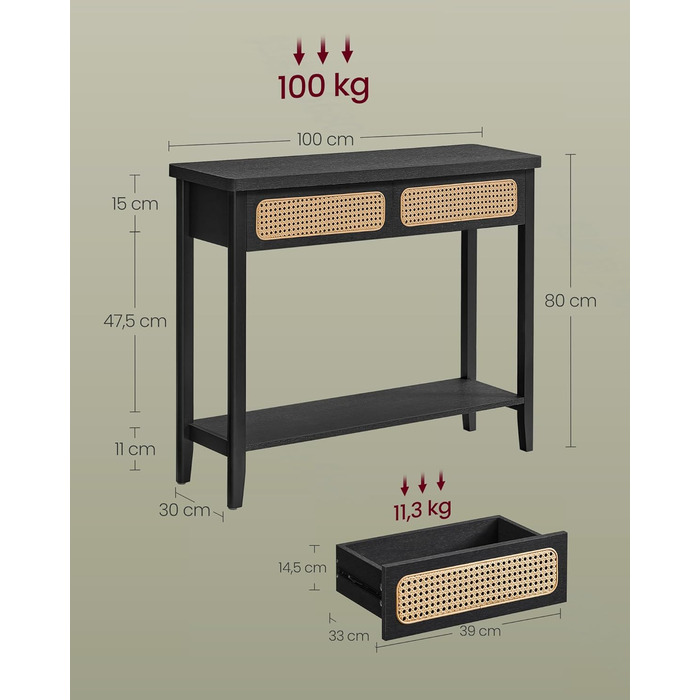 Консольний столик VASAGLE, вузький диванний столик, 2 ящики, відкрита полиця, стиль бохо, попелястий чорний