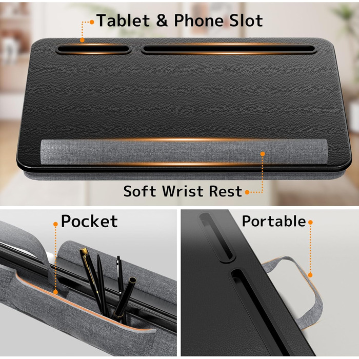 Підставка для ноутбука в ліжко - Lapdesk з підставкою для зап'ястя та тримачем для телефону, до 17.3 дюймів, для дому, навчання та відпочинку