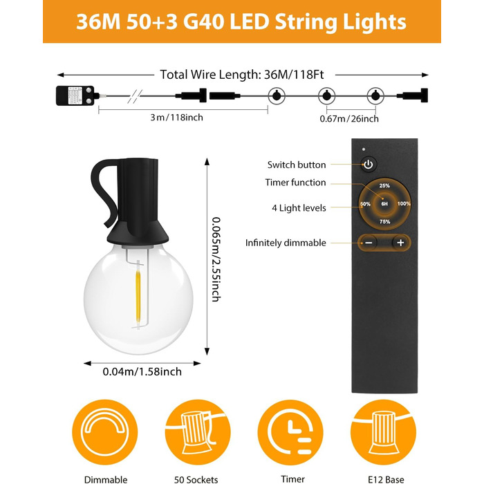 Ланцюжок прикрас BTfarm 13M з 18+1 LED, димування, таймер, для саду, тераси, вечірок. Водостійкий, тепле світло, з пультом ДУ.