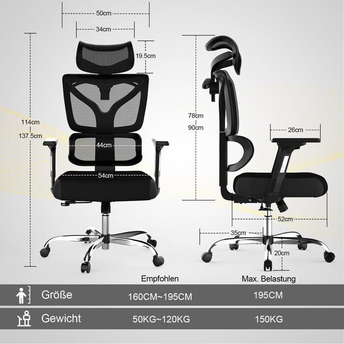 Офісне крісло Homall Ergonomic, регульоване по висоті, навантаження 150 кг, з підголівником і підлокітником, чорне