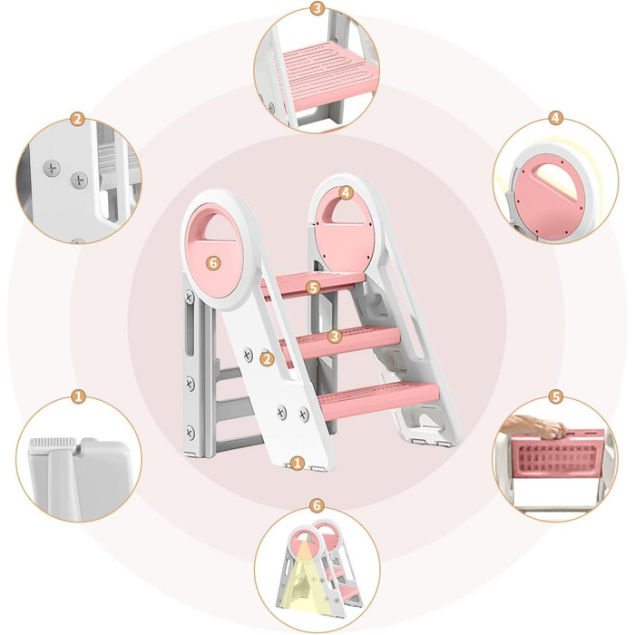 Дитячий табурет-сходилка 2-3 сходинки, регульована висота, складана, для ванної, дитячої кімнати, кухні (рожевий + білий)