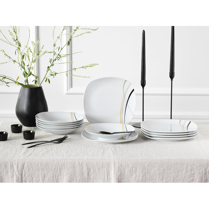 CreaTable Серія Square City Line: 18-частинний набір посуду для 6 осіб (12 тарілок), кавовий сервіз з порцеляни, придатний для миття в посудомийній машині та використання в мікрохвильовій печі, преміум-якість