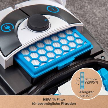 Пилсос Hoogo B3+ з мішком | Пилсос для підлоги | Потужний, з HEPA-фільтром, 850 Вт, радіус дії 11 м, тихий (74 дБ), об'єм пилозбірника 3 л, з набором насадок, білий, з кабелем