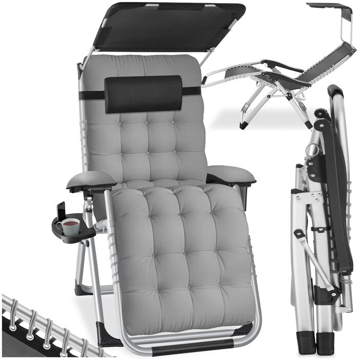 Шезлонг Tectake® розкладний з сонцезахисним дахом, для балкону та саду, місткість до 200 кг, сірий (1 шт.)