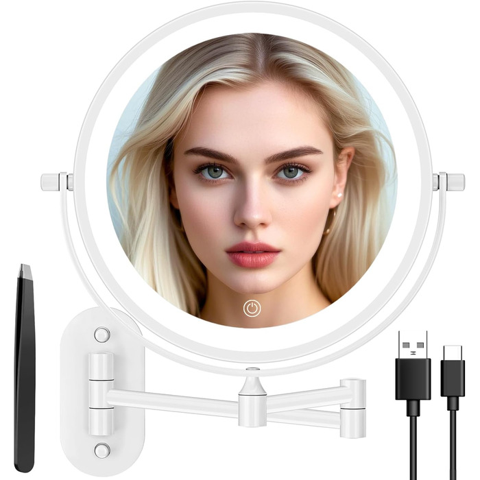 Дзеркало для макіяжу Auxmir з підсвічуванням, 1x, перезаряджуване, з підсвічуванням для гоління, настінне, з регулюванням яскравості, збільшувальне (30x), 3 кольори світла, поворотне на 360°, для ванної кімнати (білий)