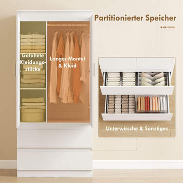 Шафа для спальні з 2 дверцятами, 2 висувними ящиками та 3 полицями, виготовлена з дерева, білого кольору