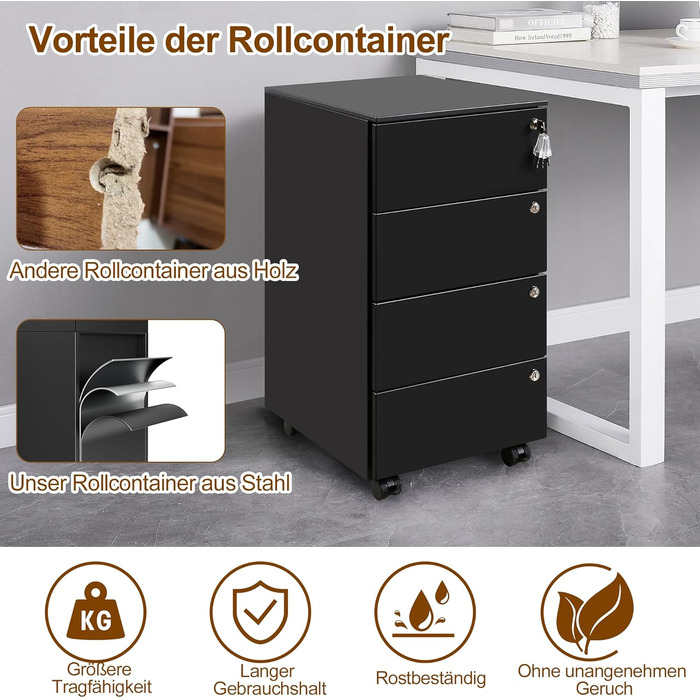 Роликовий контейнер HOMSTEEL з 3 замками, 4 шухлядами, для офісу та дому, білий (44 x 37 x 69.5 см)