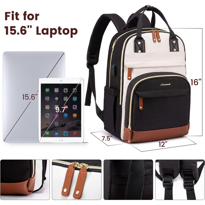 Рюкзак LOVEVOOK для дівчат та хлопців, 15.6 дюймів, водонепроникний, з відділенням для ноутбука, для школи, подорожей, роботи, легкий, чорний, бежевий, коричневий, шкіряний (PU)