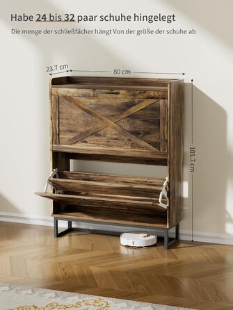 Шафа для взуття з 2 відкидними дверцятами, полиця для взуття в передпокій, вузька шафа-кіпер для взуття з 4 полицями, тумба для взуття з металевими ніжками, органайзер для взуття з дерева для стіни, 80x23,8x101,7 см, Білий (Коричневий)