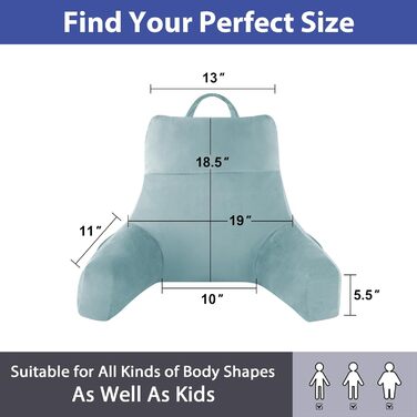 Подушка для читання з підлокітниками для дорослих, спинка для сидіння в ліжку, подушка з наповнювачем з піни з пам'яті з кишенями та знімним, пральним чохлом, для відпочинку, перегляду телевізора (Морська блакить, M(18 дюймів))