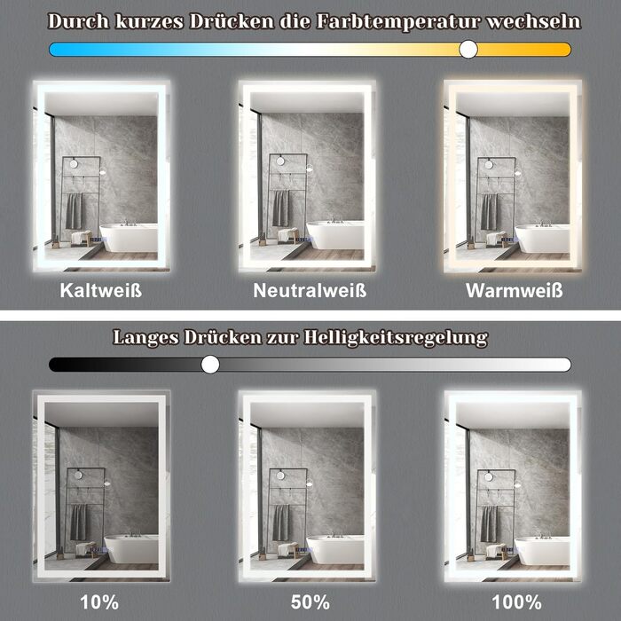 Дзеркало для ванної кімнати Mursche з підсвічуванням LED, 50x70 см, IP44, сенсорний вимикач, годинник, протитуманна функція, регулювання яскравості, 3000K-6500K, прямокутна форма