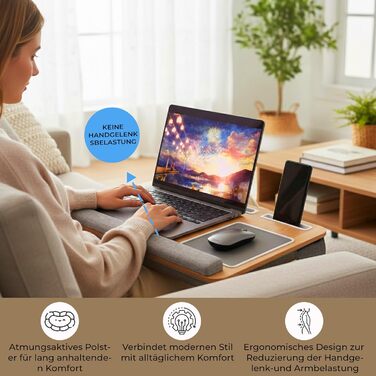 Підставка для ноутбука в ліжко та диван з подушкою, тримач для телефону та підставка для зап'ястя – підходить для ноутбуків до 17' – легка та комфортна для офісу, навчання та відпочинку (Сіра)
