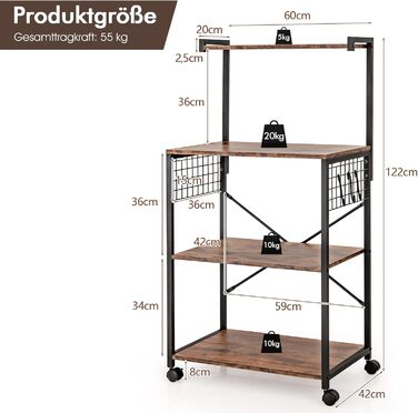 Кухонна полиця COSTWAY на колесах, полиця для пекаря з гачком, стояча полиця з полицями, вінтажна промислова полиця