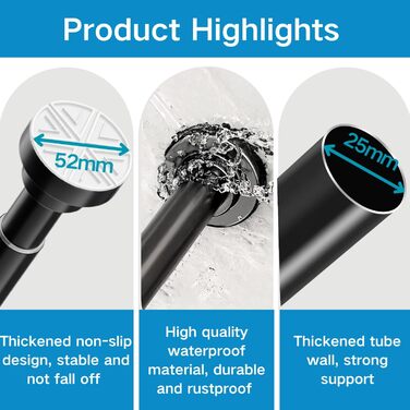 Висувна штанга для душу з нержавіючої сталі 185-250 см, без свердління, чорна