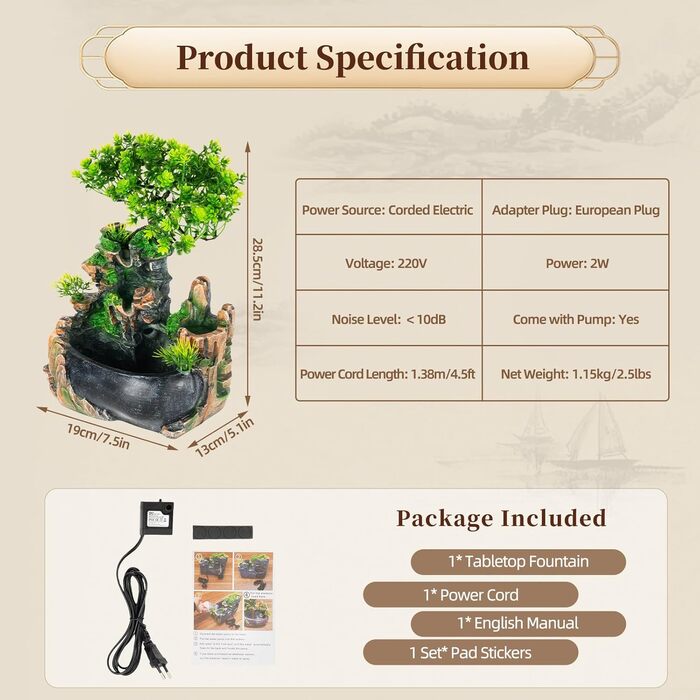 Фонтан для дому | Фонтан-водоспад | Декоративний фонтан для вітальні та офісу | З насосом | 19 x 13 x 28.5 см