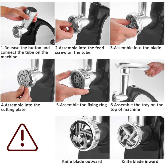 Електрична м'ясорубка з нержавіючої сталі з 3-ма дисками, ножем та насадкою для кубиків, ETL-сертифікат, 2000 Вт, чорний