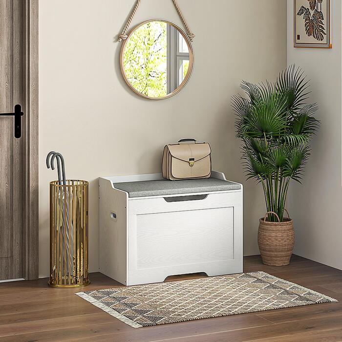 Скриня для зберігання об'ємом 103 літри, лавка з місцем для зберігання та запобіжним шарніром, з м'яким сидінням, підходить для різних кімнат, білого кольору.