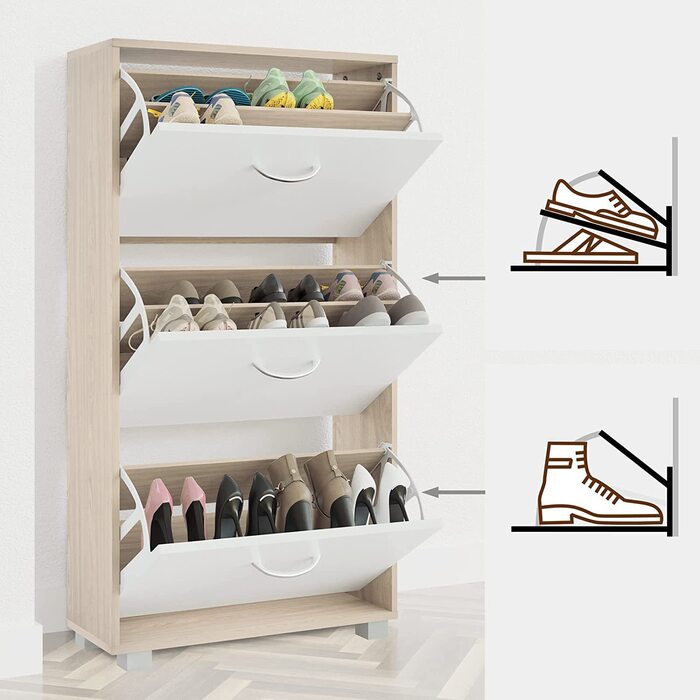 Шафа для взуття Casaria® на 18 пар, вузька, 115x60x25 см, 3 дверцята, висока, з дерева, закрита, з фіксацією від перекидання, для прихожого, світла бука/білий колір