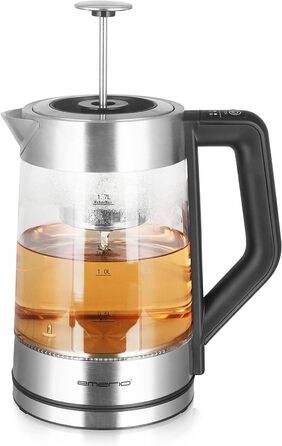 Електричний чайник Emerio WK-122248 з боросилікатного скла, 1.7л, чорний/срібний, з автоматичним ситом, регулювання температури, 2200 Вт