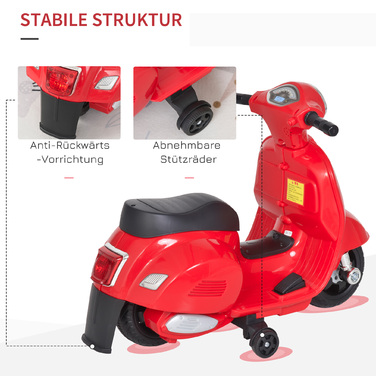 HOMCOM VESPA Електричний мотоцикл Дитячий мотоцикл Електромобіль 18-36 місяців 3 км/год Світлодіодне світло Звук PP Пластик Метал Червоний 66.5 x 38 x 52 см