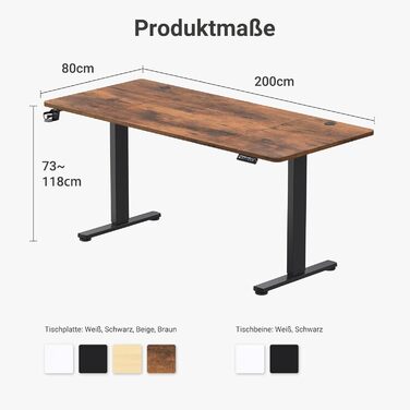 Регульований стіл з USB-C зарядкою 140 x 60 см, функція пам'яті. Стабільний електричний стіл, стоп-стіл, регульований комп'ютерний стіл (Колір: Коричневий, Розмір: 200 x 80 см)