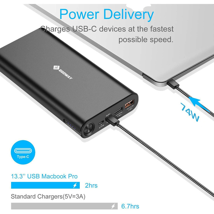 Портативний зарядний пристрій 20000 мАг USB C PD Power Bank, вихід 74 Вт для смартфонів, планшетів, ноутбуків