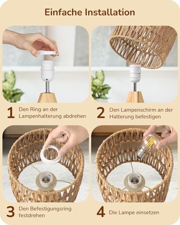 LED настільна лампа EDISHINE з абажуром з ручної роботи, дерев'яною ніжкою, тепле світло 2700K, бохо-стиль, для спальні, вітальні, готелю, з лампочкою E27 4W