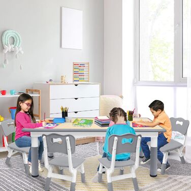 Дитячий стіл з 4 стільцями AufuN, регульована висота, комплект для дитячої кімнати, садка, класу. Легко миється, пластикові меблі (сірий)