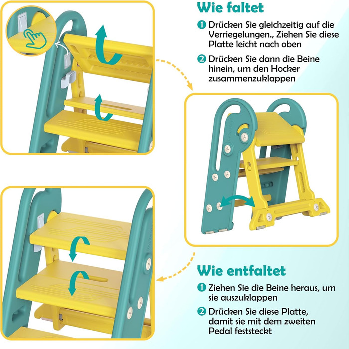 Дитячий підсвічник Onasti Tritthocker Kinder: регульована висота, 3 сходинки, з ручками, складний, анти-кіп та анти-ковзний, для кухні, ванної, раковини та туалету (сірий) сіро-білий (зелений)