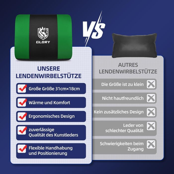 Ігровий крісло, офісне ергономічне крісло з телескопічною підніжкою, підголівник та поперекова підтримка, регульоване та поворотне, 150 кг, зелений