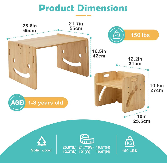 Регульований по висоті дитячий стіл з 2 стільцями, масив дерева, для дітей 1-3 років, простий в установці