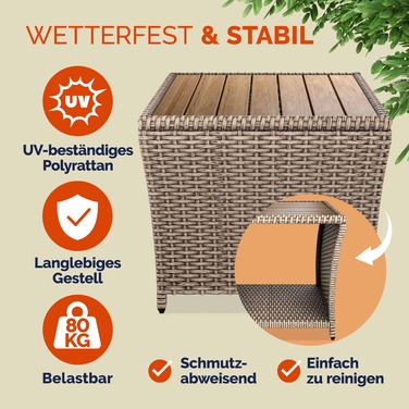 Розкладний столик з ротангу Polyrattan кремового кольору 40x45x45 см з акацієвим деревом
