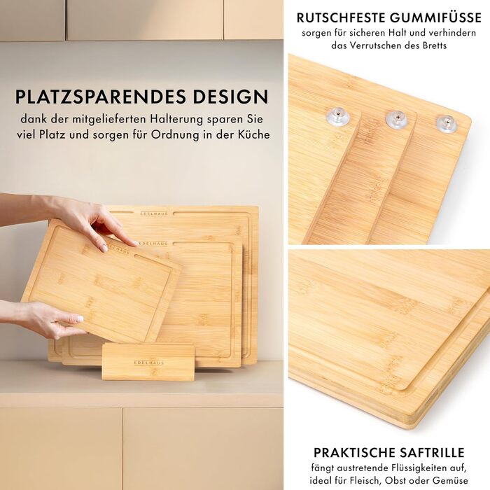 Набір дерев'яних обробних дощок 3 шт. (40x30см / 33x24см / 26x18см) з масиву акації, 2 см товщиною, з канавкою для соку - кухонні обробні дошки, дизайн, набір обробних дощок з дерева, бамбук