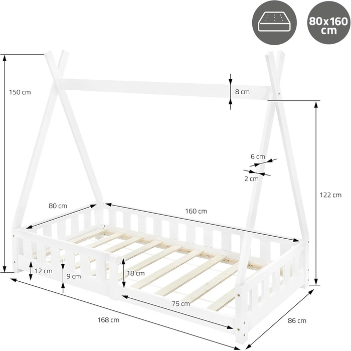 Дерев'яне ліжко-будиночок Tipi ML-Design для дітей 80x160 см з бар'єром та ламелями, з захистом від падіння, з сосни, для дівчаток та хлопчиків, ліжко-намет, індіанське ліжко
