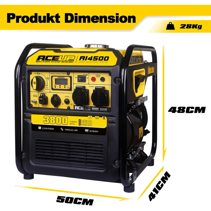 Інверторний генератор Aceup 3400W: бензиновий, 230V, 12V, USB, цифровий дисплей, для дому, кемпінгу, 4-тактний, 23кг