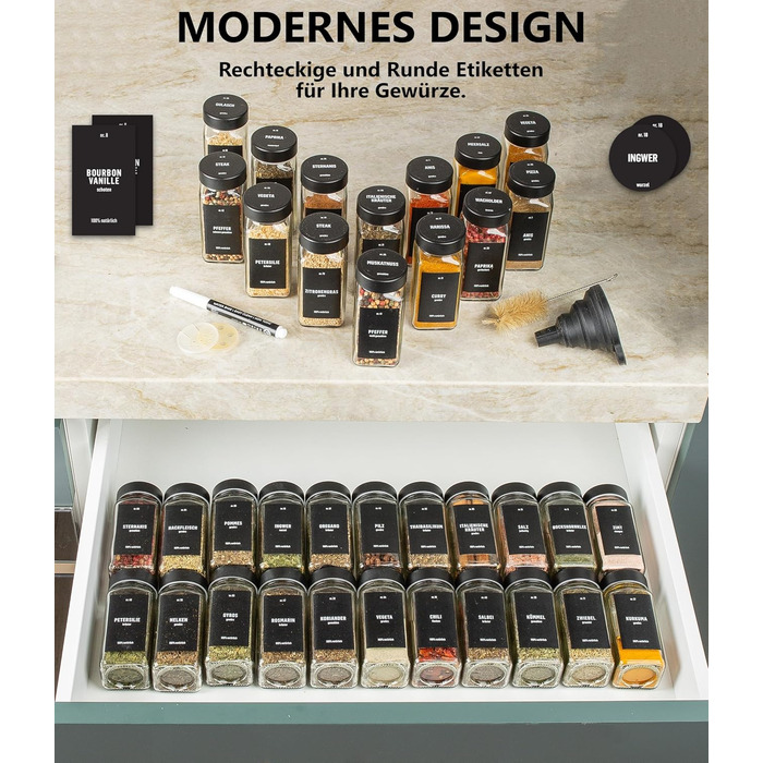 Набір банок для спецій Deco haus® (36 шт.) з кришками чорного кольору, з мірною ложкою та етикетками
