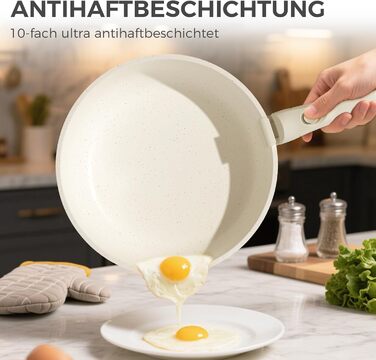 Набір посуду YASHE 9 предметів: каструлі та сковорідки з антипригарним покриттям, білий, для всіх плит, знімний ручка, сумісний з духовкою, компактний, сталевий