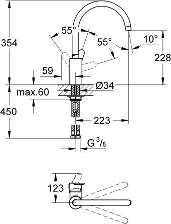 Змішувач для раковини з одним важелем (міцна поверхня, діапазон повороту на вибір 0 / 150 / 360, монтаж з одним отвором), 31127002 (хром, вилив з муссером, високий тиск)