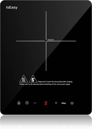 Індукційна варильна поверхня 1 плита, одинарна індукційна варильна поверхня IsEasy 2100 Вт, варильна плита 28 см, портативна з блокуванням від дітей, 9 налаштувань нагріву, 8-годинний таймер, функція макс./хв., чорний (індукційна варильна поверхня 1 пласт