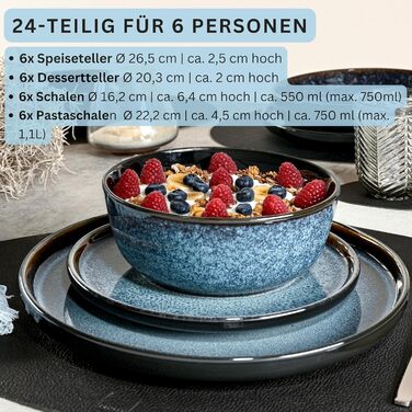 Набір посуду SÄNGER Steingut 18 предметів: 6 тарілок, 6 мисок, 6 десертних тарілок, блакитний колір з чорним бордюром, стійкий до подряпин. VALUE COLLECTION (Осака)