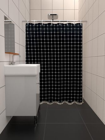 Шторка для душу сіро-зеленого кольору - сільський бохо-сучасний стиль, тканина льон, для ванної кімнати, вінтажний стиль, міцна, комплект зі бахромою, стильна богемна шторка для душу, 48x72 дюйми (121.9 x 182.9 см, 1 шт., чорний)