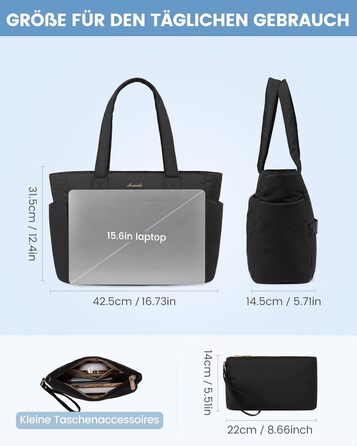 Сумка для ноутбука LOVEVOOK 15.6 дюймів, жіноча: шопер, велика робоча сумка, сумка-шоппер, для навчання, офісу, школи, чорна